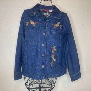 Holiday Lodge Northcrest Blue Embroidered Holly Berries Denim Jacket Womens XL